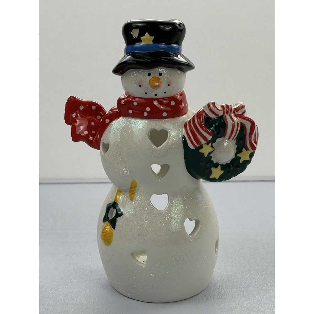 Ceramic Snowman Tealight Candle Holder Christmas Wreath Glitter Luminary 7"